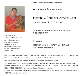 Traueranzeige von Heinz-Jürgen Apweiler von Aachener Zeitung / Aachener Nachrichten