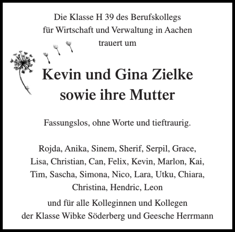  Traueranzeige für Kevin und Gina Zielke Mutter vom 29.12.2018 aus Aachener Zeitung / Aachener Nachrichten
