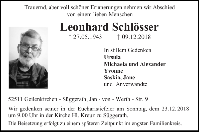  Traueranzeige für Leonhard Schlösser vom 16.12.2018 aus Super Sonntag / Super Mittwoch