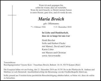 Traueranzeige von Maria Broich von Aachener Zeitung / Aachener Nachrichten