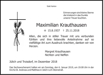 Traueranzeige von Maximilian Krauthausen von Aachener Zeitung / Aachener Nachrichten