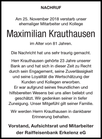 Traueranzeige von Maximilian Krauthausen von Super Sonntag / Super Mittwoch