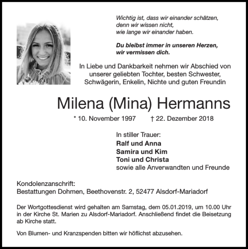  Traueranzeige für Milena Hermanns vom 30.12.2018 aus Super Sonntag / Super Mittwoch