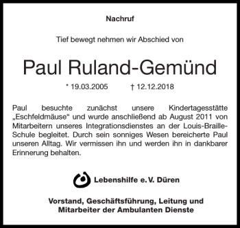 Traueranzeige von Paul Ruland-Gemünd von Super Sonntag / Super Mittwoch