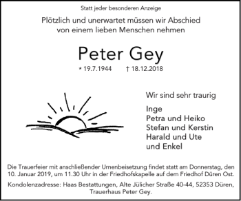 Traueranzeige von Peter Gey von Super Sonntag / Super Mittwoch