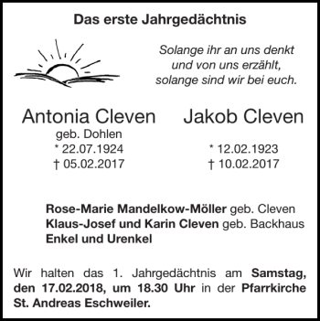 Traueranzeige von Antonia Cleven Jakob Cleven von Super Sonntag / Super Mittwoch