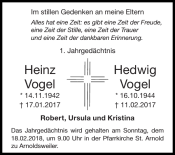 Traueranzeige von Heinz Hedwig Vogel Vogel von Super Sonntag / Super Mittwoch