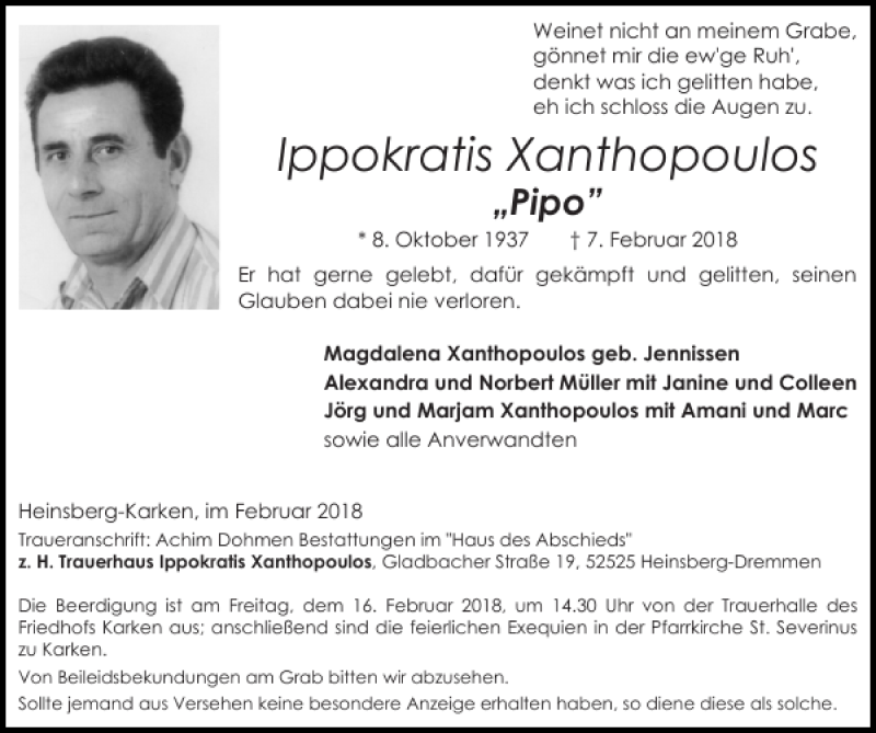  Traueranzeige für Ippokratis Xanthopoulos vom 11.02.2018 aus Super Sonntag / Super Mittwoch