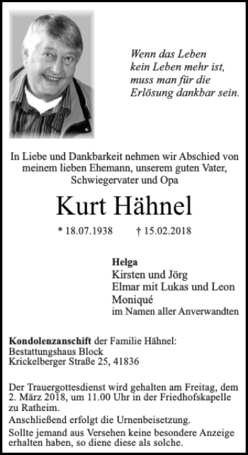 Traueranzeige von Kurt Hähnel von Super Sonntag / Super Mittwoch