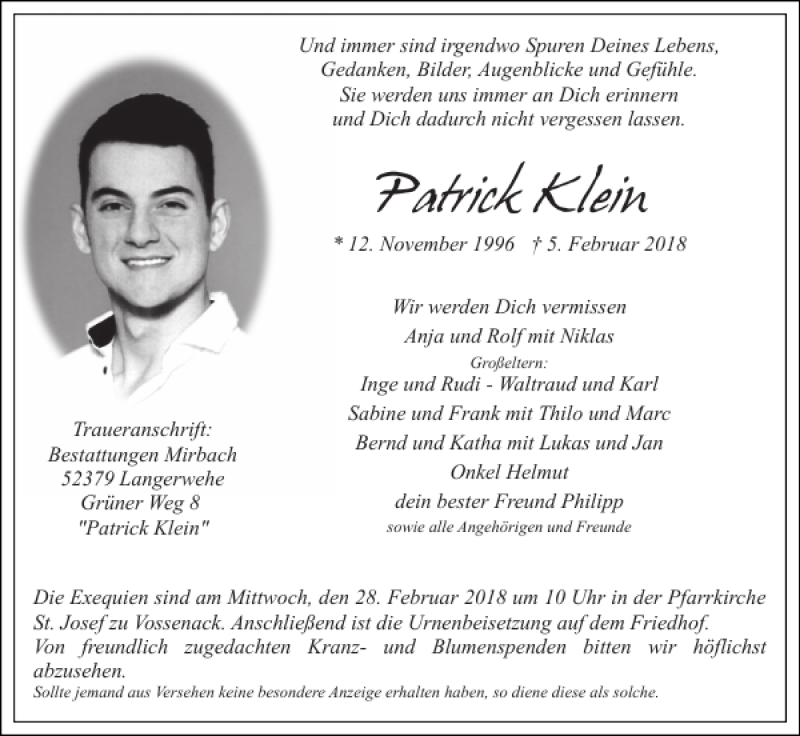 Traueranzeige für Patrick Klein vom 25.02.2018 aus Super Sonntag / Super Mittwoch