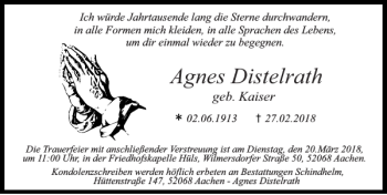 Traueranzeige von Agnes Distelrath von Super Sonntag / Super Mittwoch