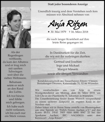 Traueranzeige von Anja Ritzen von Super Sonntag / Super Mittwoch