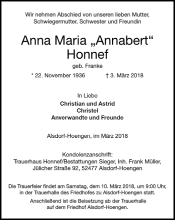 Traueranzeige von Anna Maria Annabert Honnef von Super Sonntag / Super Mittwoch
