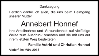 Traueranzeige von Annebert Honnef von Super Sonntag / Super Mittwoch
