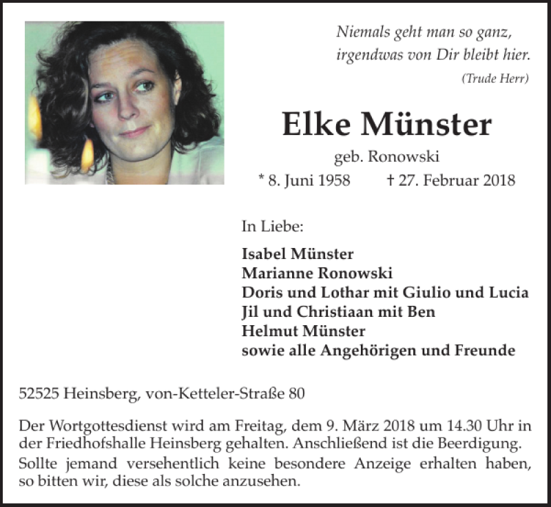  Traueranzeige für Elke Münster vom 04.03.2018 aus Super Sonntag / Super Mittwoch