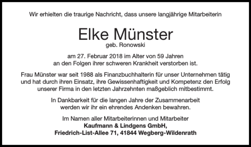  Traueranzeige für Elke Münster vom 04.03.2018 aus Super Sonntag / Super Mittwoch