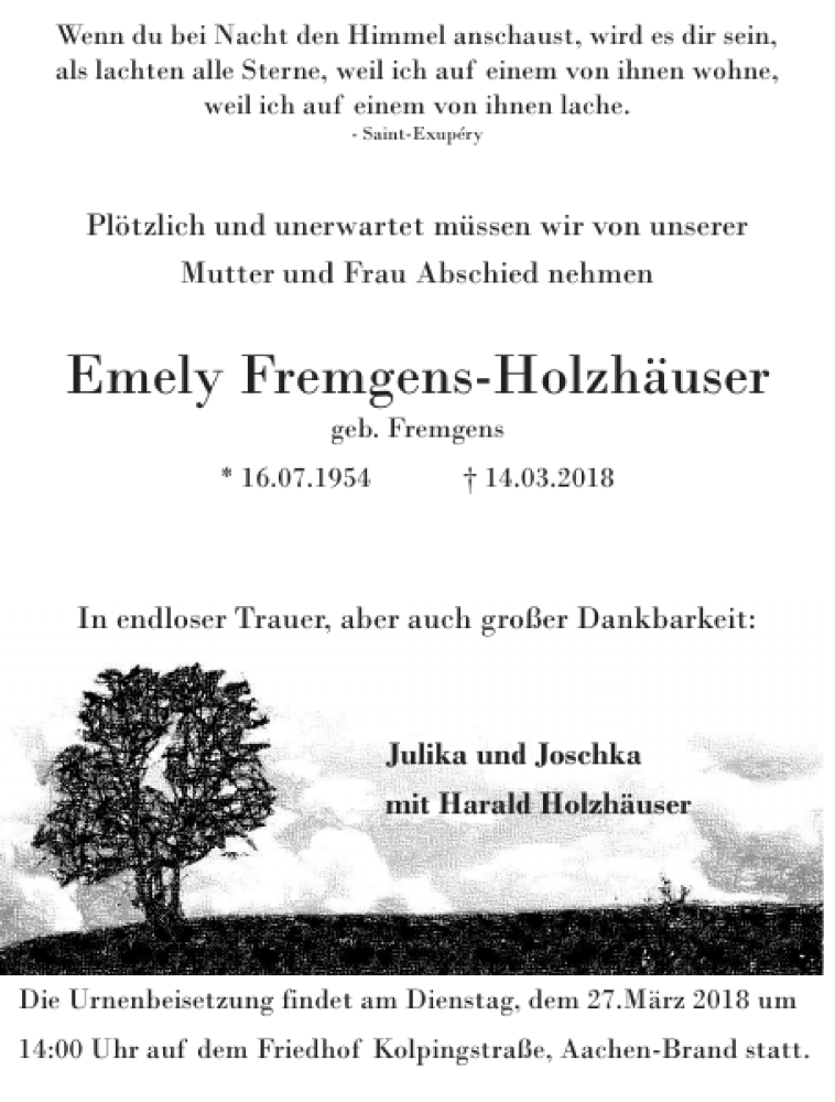  Traueranzeige für Emely Fremgens-Holzhäuser vom 24.03.2018 aus Aachener Zeitung / Aachener Nachrichten