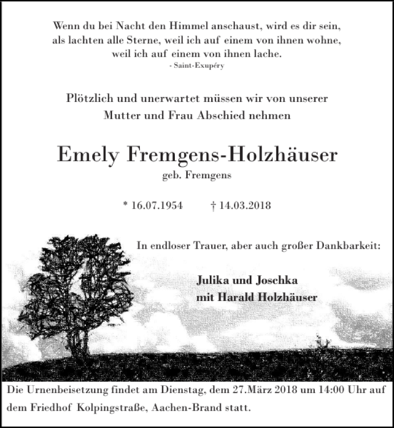  Traueranzeige für Emely Fremgens-Holzhäuser vom 25.03.2018 aus Super Sonntag / Super Mittwoch