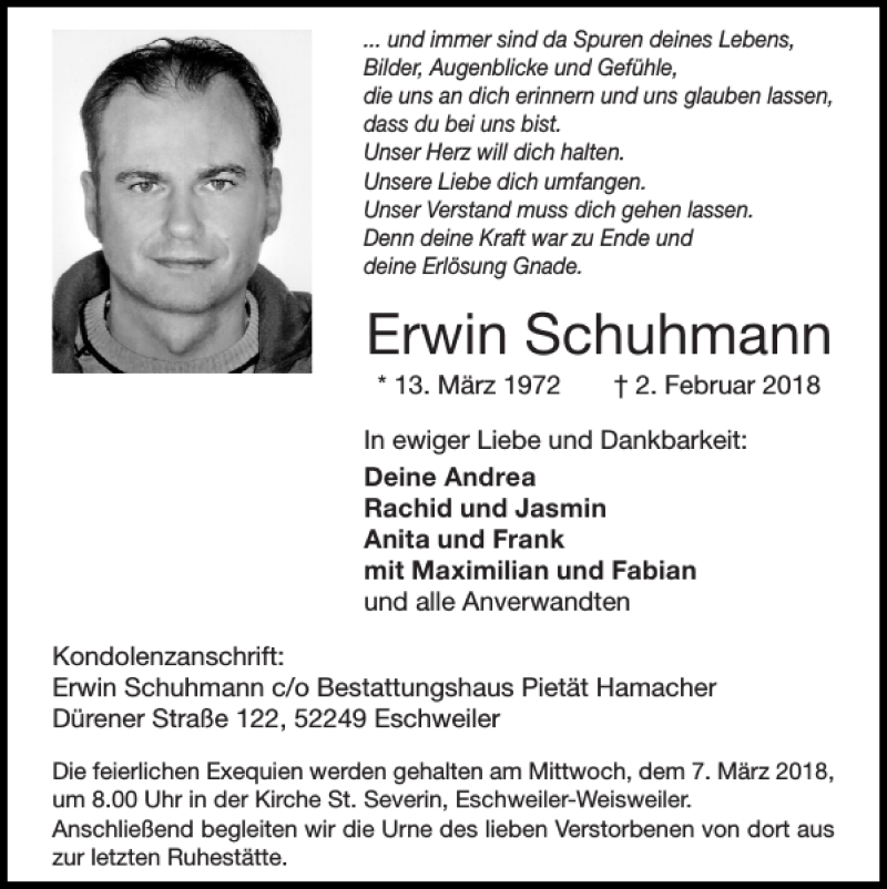  Traueranzeige für Erwin Schuhmann vom 04.03.2018 aus Super Sonntag / Super Mittwoch