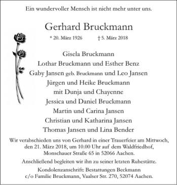 Traueranzeige von Gerhard Bruckmann von Super Sonntag / Super Mittwoch