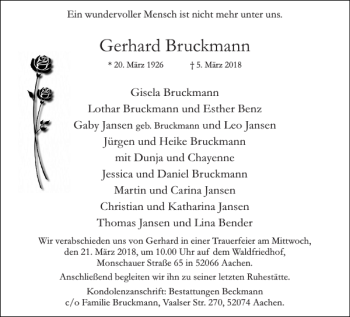 Traueranzeige von Gerhard Bruckmann von Aachener Zeitung / Aachener Nachrichten