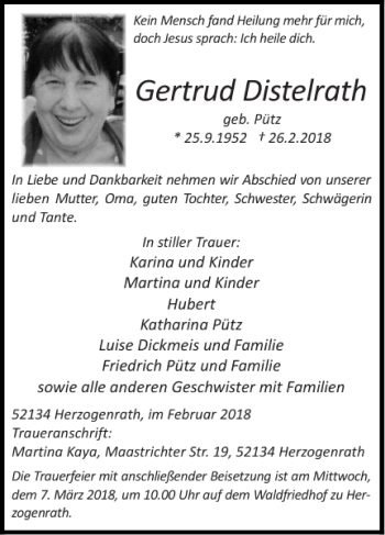 Traueranzeige von Gertrud Distelrath von Super Sonntag / Super Mittwoch