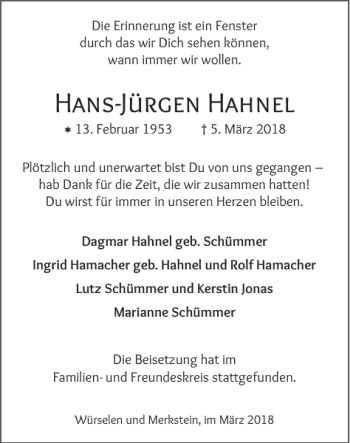 Traueranzeige von Hans-J ürgen Hahnel von Super Sonntag / Super Mittwoch
