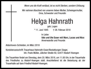 Traueranzeige von Helga Hahnrath von Super Sonntag / Super Mittwoch