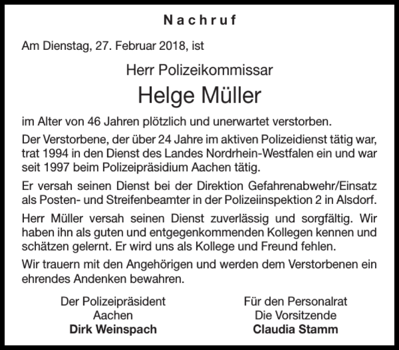  Traueranzeige für Helge Müller vom 17.03.2018 aus Aachener Zeitung / Aachener Nachrichten