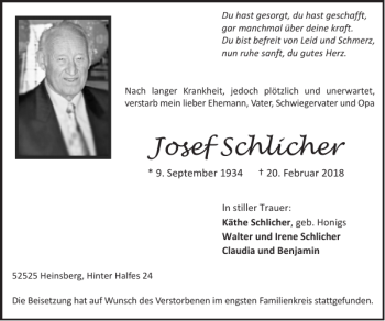Traueranzeige von Josef Schlicher von Super Sonntag / Super Mittwoch