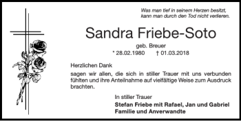 Traueranzeige von Sandra Friebe-Soto von Super Sonntag / Super Mittwoch