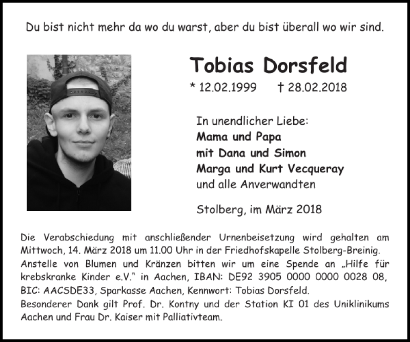  Traueranzeige für Tobias Dorsfeld vom 11.03.2018 aus Super Sonntag / Super Mittwoch