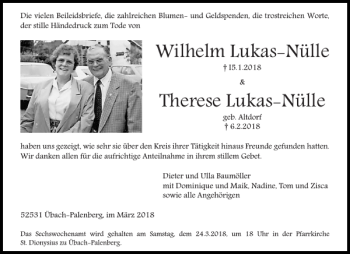 Traueranzeige von Wilhelm Lukas-Nülle Therese Lukas-Nülle von Aachener Zeitung / Aachener Nachrichten