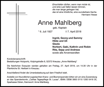 Traueranzeige von Anne Mahlberg von Super Sonntag / Super Mittwoch