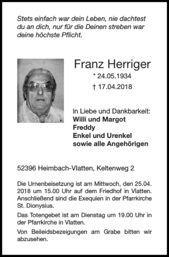 Traueranzeige von Franz Herriger von Super Sonntag / Super Mittwoch