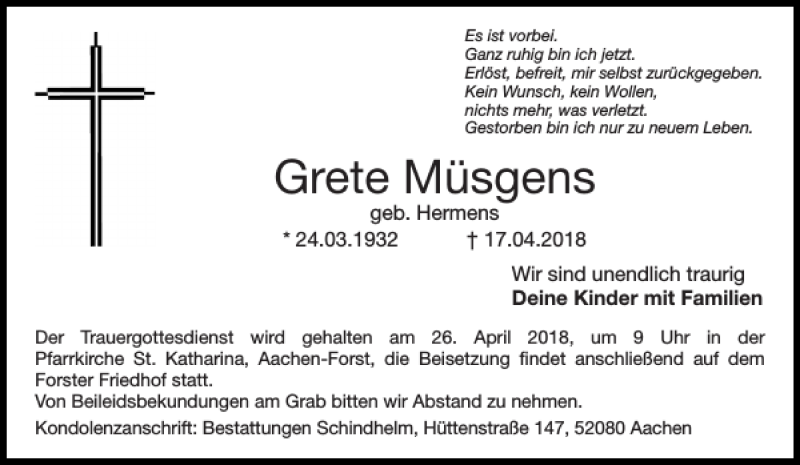 Traueranzeige für Grete Müsgens vom 21.04.2018 aus Aachener Zeitung / Aachener Nachrichten