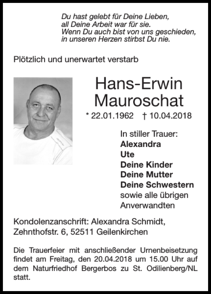  Traueranzeige für Hans-Erwin Mauroschat vom 15.04.2018 aus Super Sonntag / Super Mittwoch