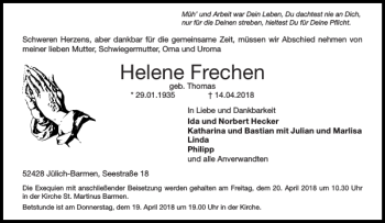 Traueranzeige von Helene Frechen von Aachener Zeitung / Aachener Nachrichten