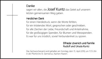 Traueranzeige von Josef Kuntz Josef Kuntz von Aachener Zeitung / Aachener Nachrichten