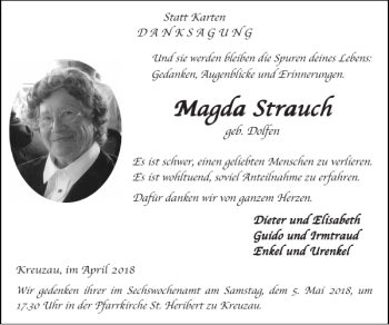 Traueranzeige von Magda Strauch Magda Strauch von Super Sonntag / Super Mittwoch
