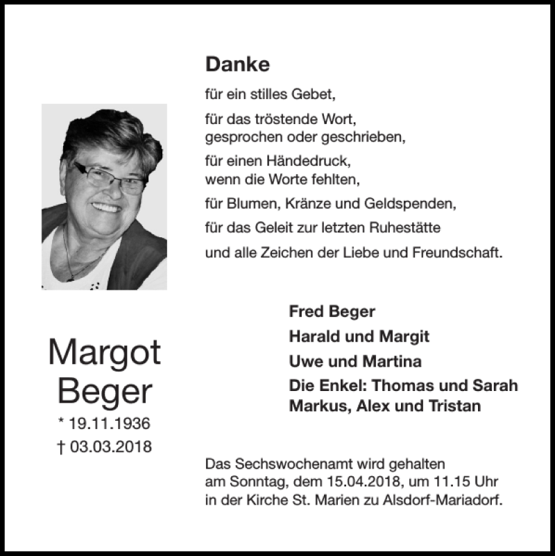  Traueranzeige für Margot Beger vom 08.04.2018 aus Super Sonntag / Super Mittwoch