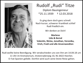 Traueranzeige von Rudolf Rudi Titze von Super Sonntag / Super Mittwoch
