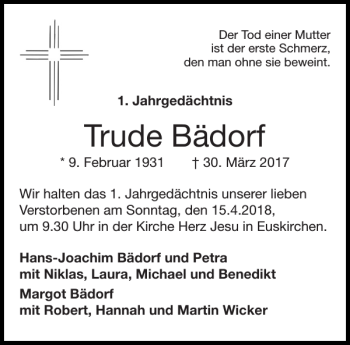 Traueranzeige von Trude Bädorf von Aachener Zeitung / Aachener Nachrichten