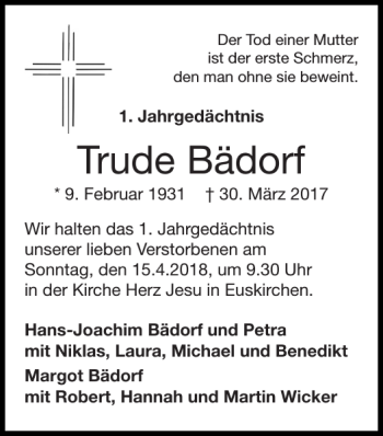 Traueranzeige von Trude Bädorf von Super Sonntag / Super Mittwoch