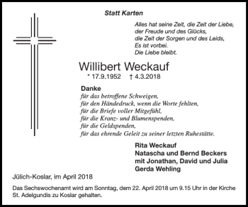 Traueranzeige von Willibert Weckauf von Super Sonntag / Super Mittwoch