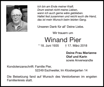 Traueranzeige von Winand Pier von Super Sonntag / Super Mittwoch