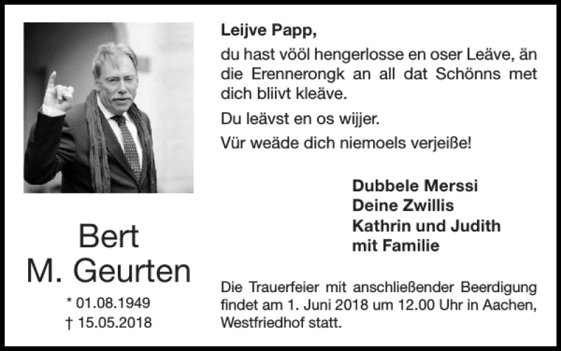  Traueranzeige für Bert M. Geurten vom 27.05.2018 aus Super Sonntag / Super Mittwoch