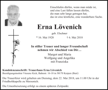 Traueranzeige von Erna Lövenich von Super Sonntag / Super Mittwoch
