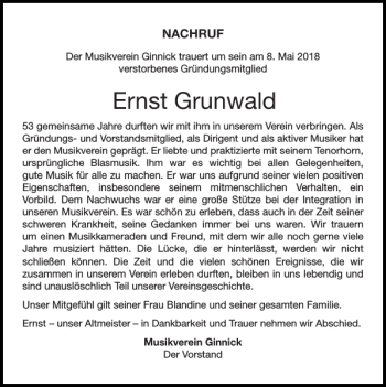 Traueranzeige von Ernst Grunwald von Super Sonntag / Super Mittwoch