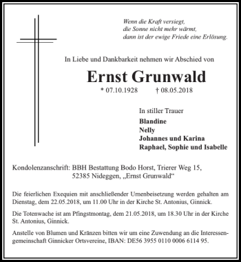 Traueranzeige von Ernst Grunwald von Super Sonntag / Super Mittwoch